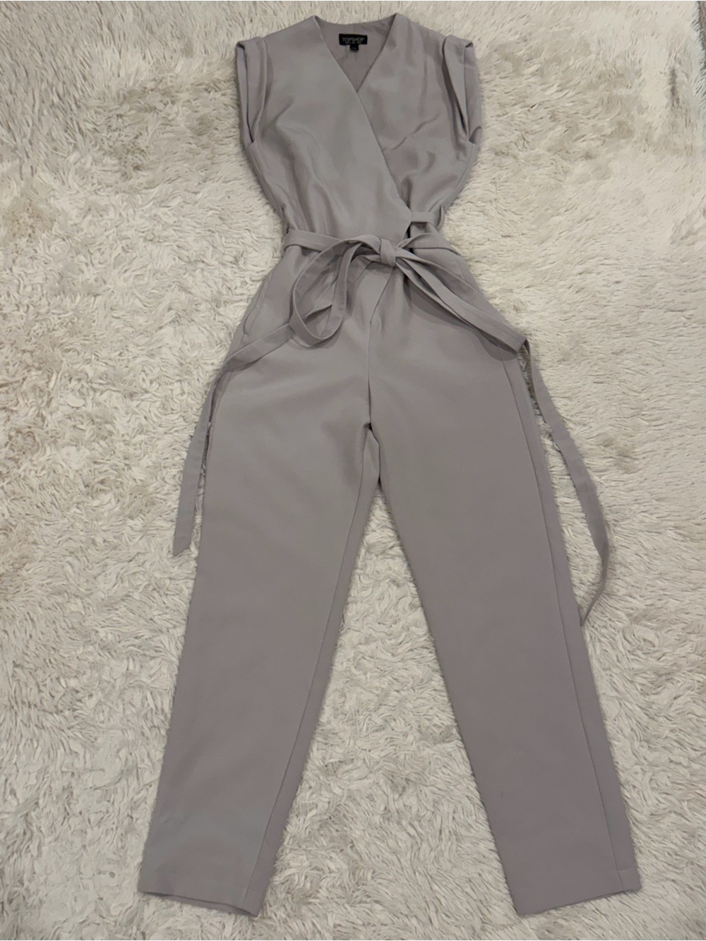 Topshop Tie Waist Sleeveless Wide Leg‎ Wrap Jumpsuit Size 0 Gray Office Career